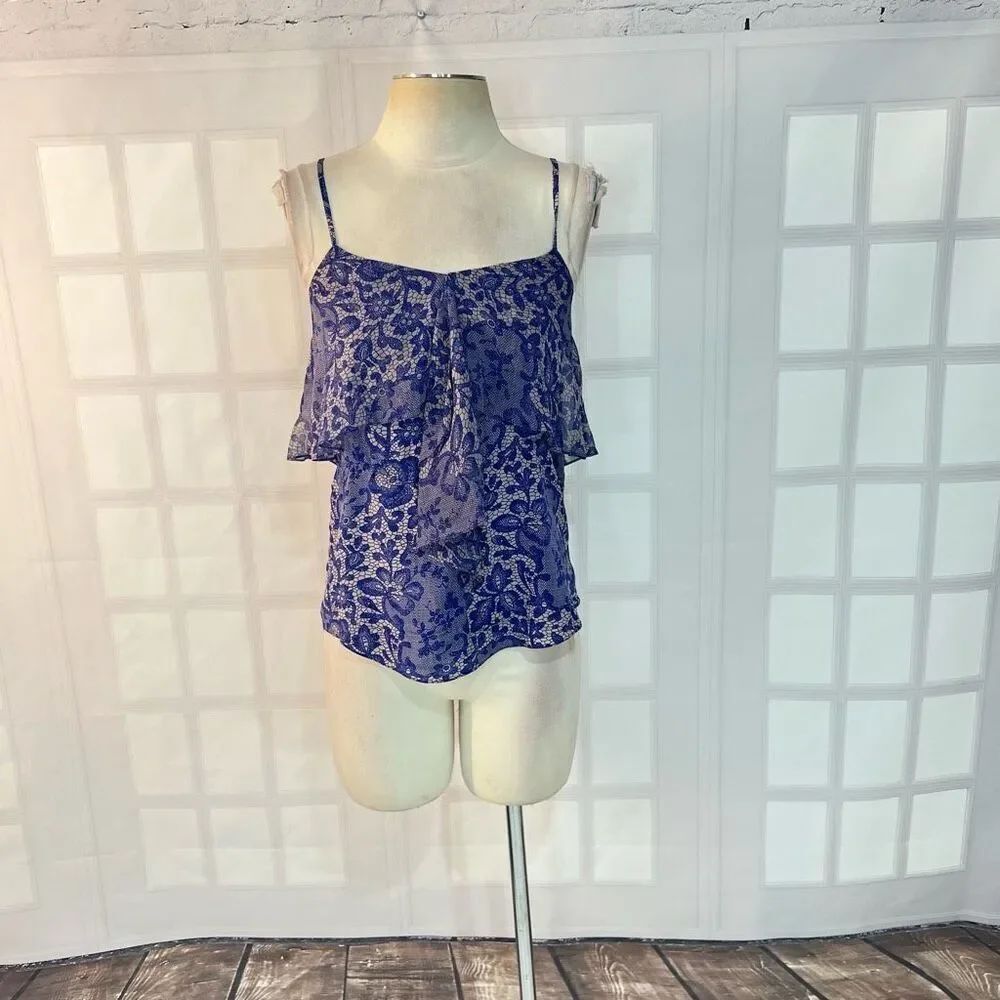 🔥🔥5 for $25🔥🔥 Rebecca Taylor silk blue lace print ruffle cami blouse size 0